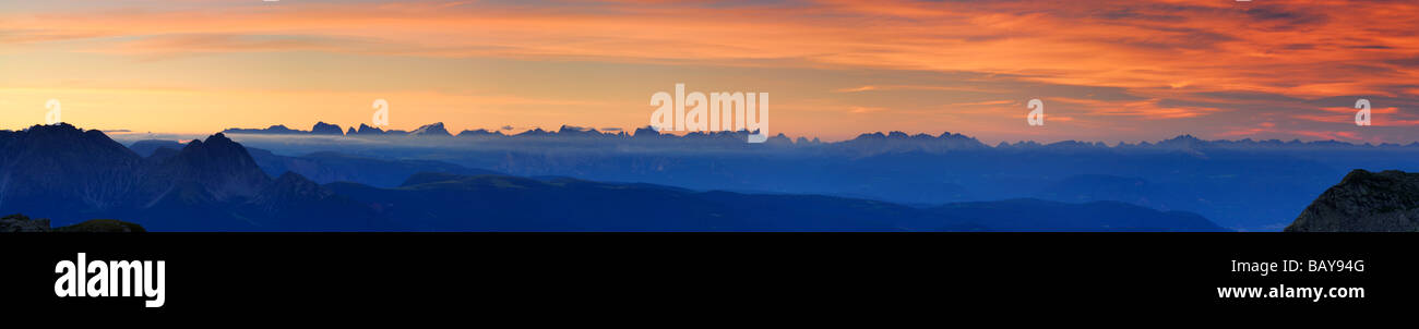 panorama Dolomites with Iffinger Spitze, Piz Boe, Langkofel, Plattkofel, Marmolada, Kesselkogel, Rosengartenspitze, Palagruppe, Stock Photo