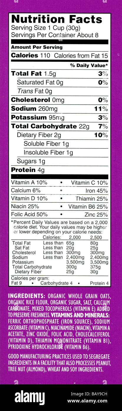 Nutrition Facts Label from a box of Organic O's Cereal Stock Photo