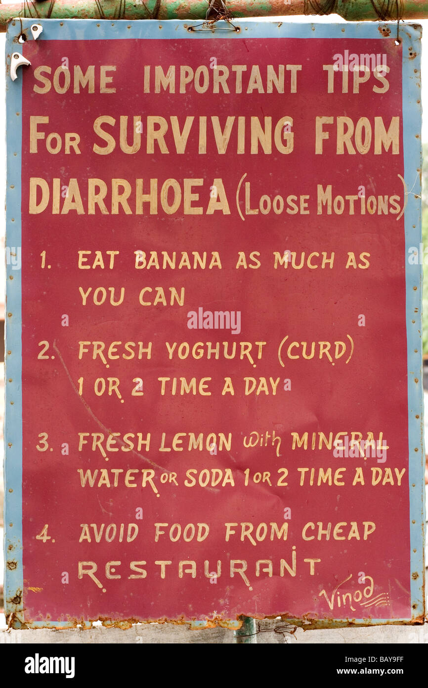A sign in Agra gives tips on what to do should visitors suffer from diarrhoea while travelling. Stock Photo