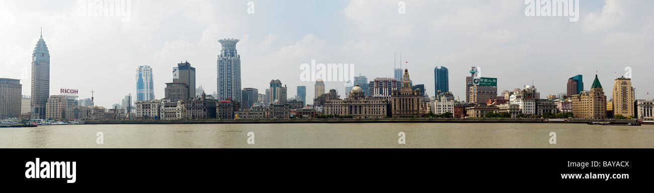 Panoramic View of The Historic Bund across the Huangpu River from Pudong New Area , Shanghai, China. Stock Photo