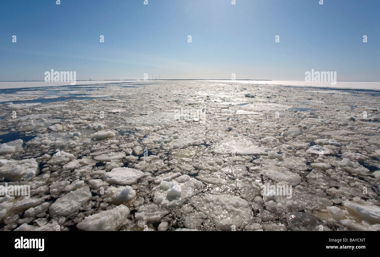Breaking sea ice  at car ferry passage at Spring thaw at Baltic Sea , Gulf of Bothnia , Finland Stock Photo