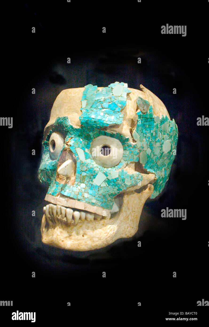 Tomb 7 Skull with turquoise, a mixtec tomb offering from Monte Alban Ruin Site, Oaxaca Stock Photo