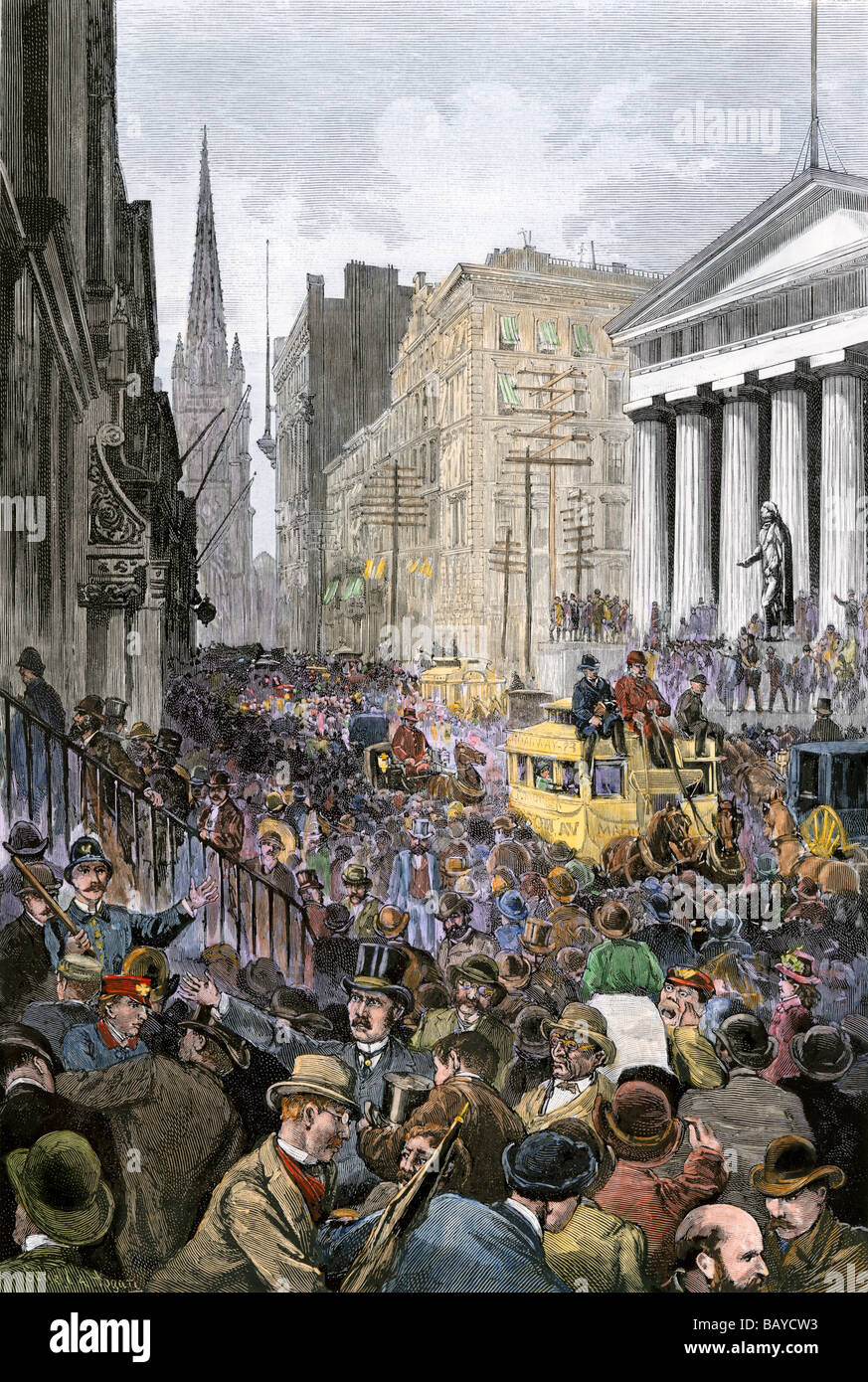 Financial panic on Wall Street May 14 1884. Hand-colored woodcut Stock Photo