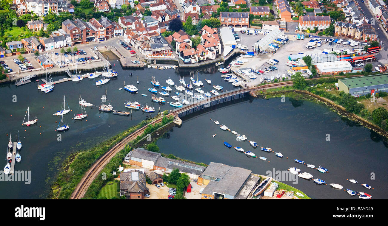 Aerial view of Lymington town quay, and harbour, Hampshire, UK. Stock Photo