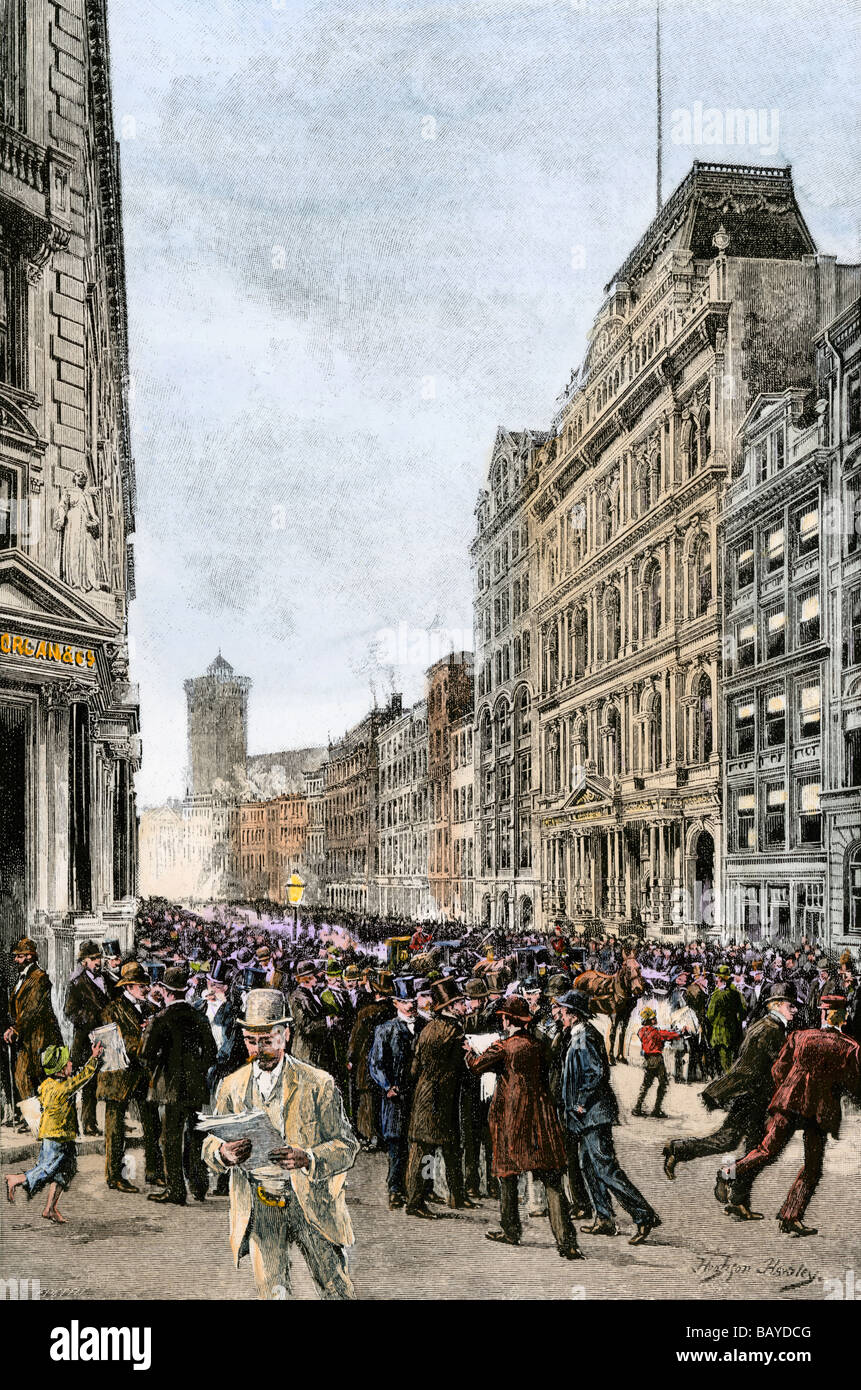 Financial panic on Wall Street late 1800s. Hand-colored halftone of an illustration Stock Photo