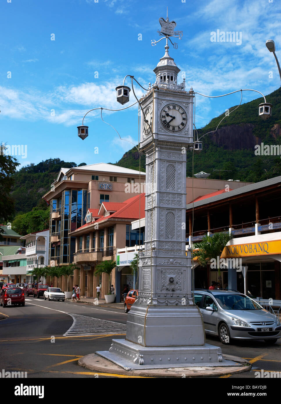 Clock tower, Independence Avenue, Victoria, Mahé, Seychelles Stock