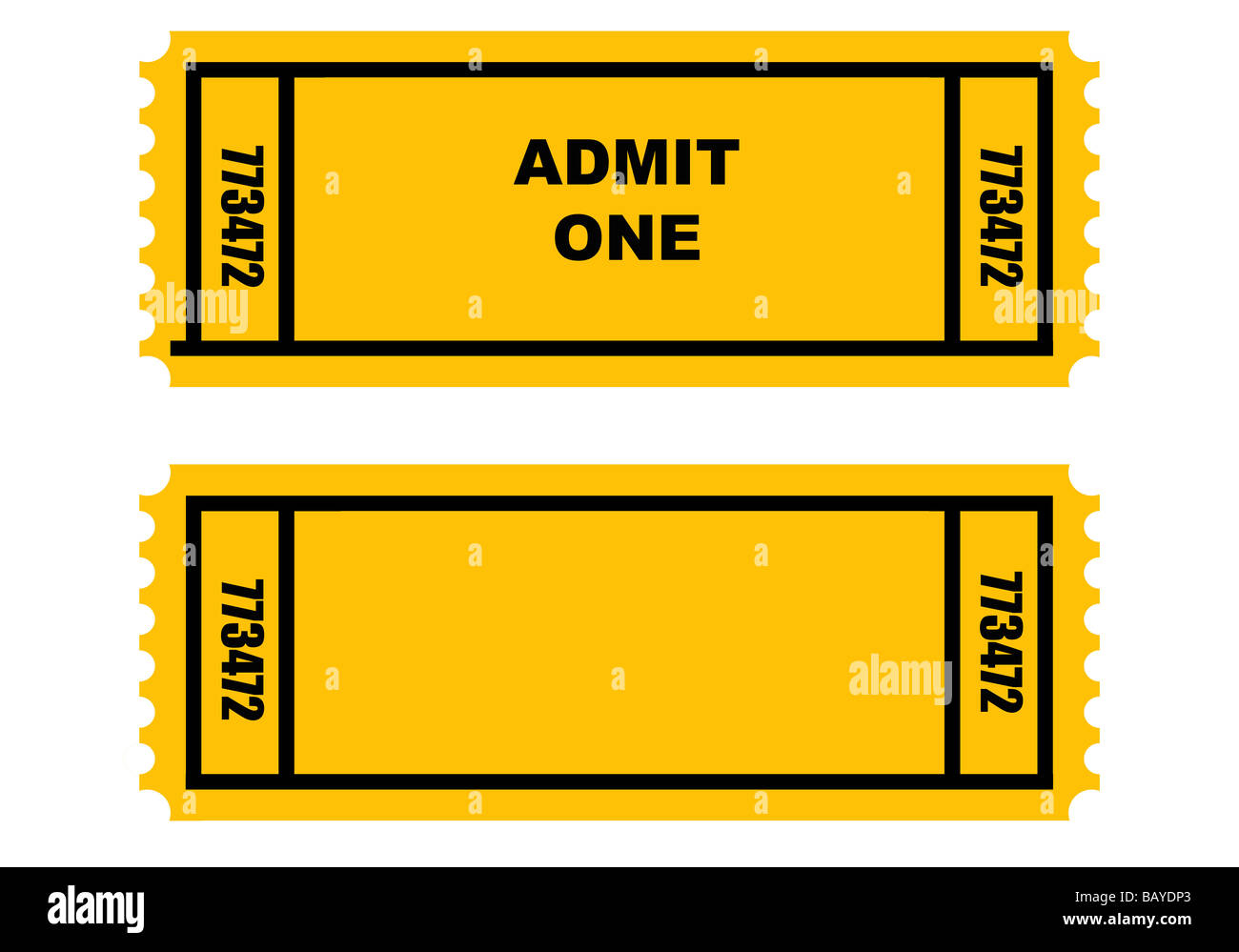 Illustration of two cinema or movie tickets front and back isolated on white background Stock