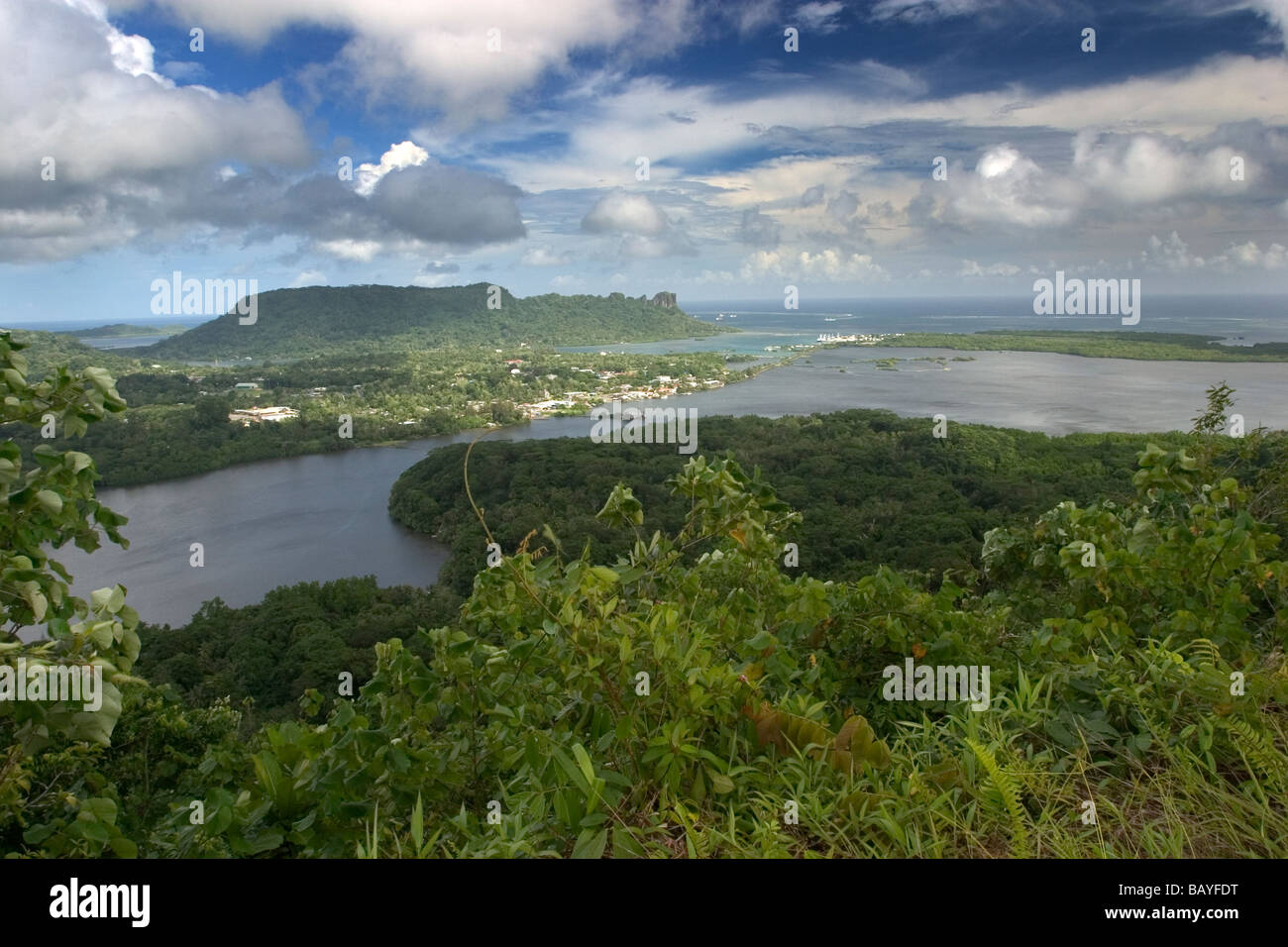 Kolonia and Sokehs Island as seen from Pohnlehr mountain, Pohnpei Island, Federated States of Micronesia. Stock Photo