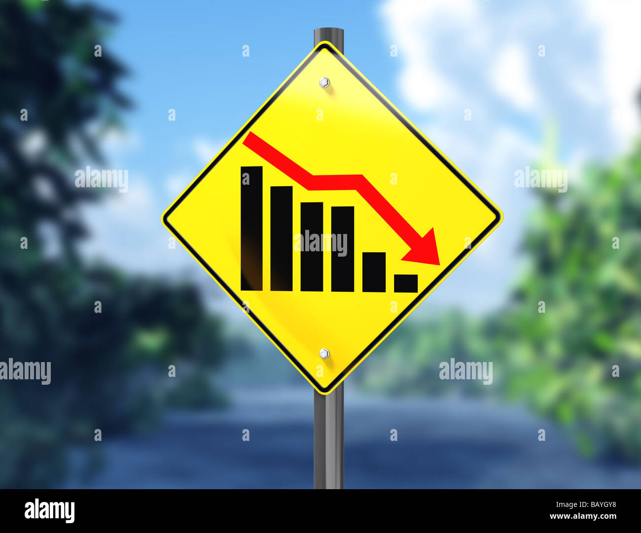 Illustration of a chart on a signpost showing a downward trend Stock Photo