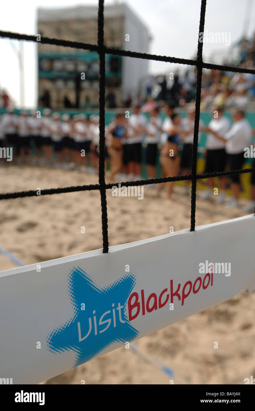 A Closeup Of A Beach Volleyball Net Showing The Visit Blackpool Logo 