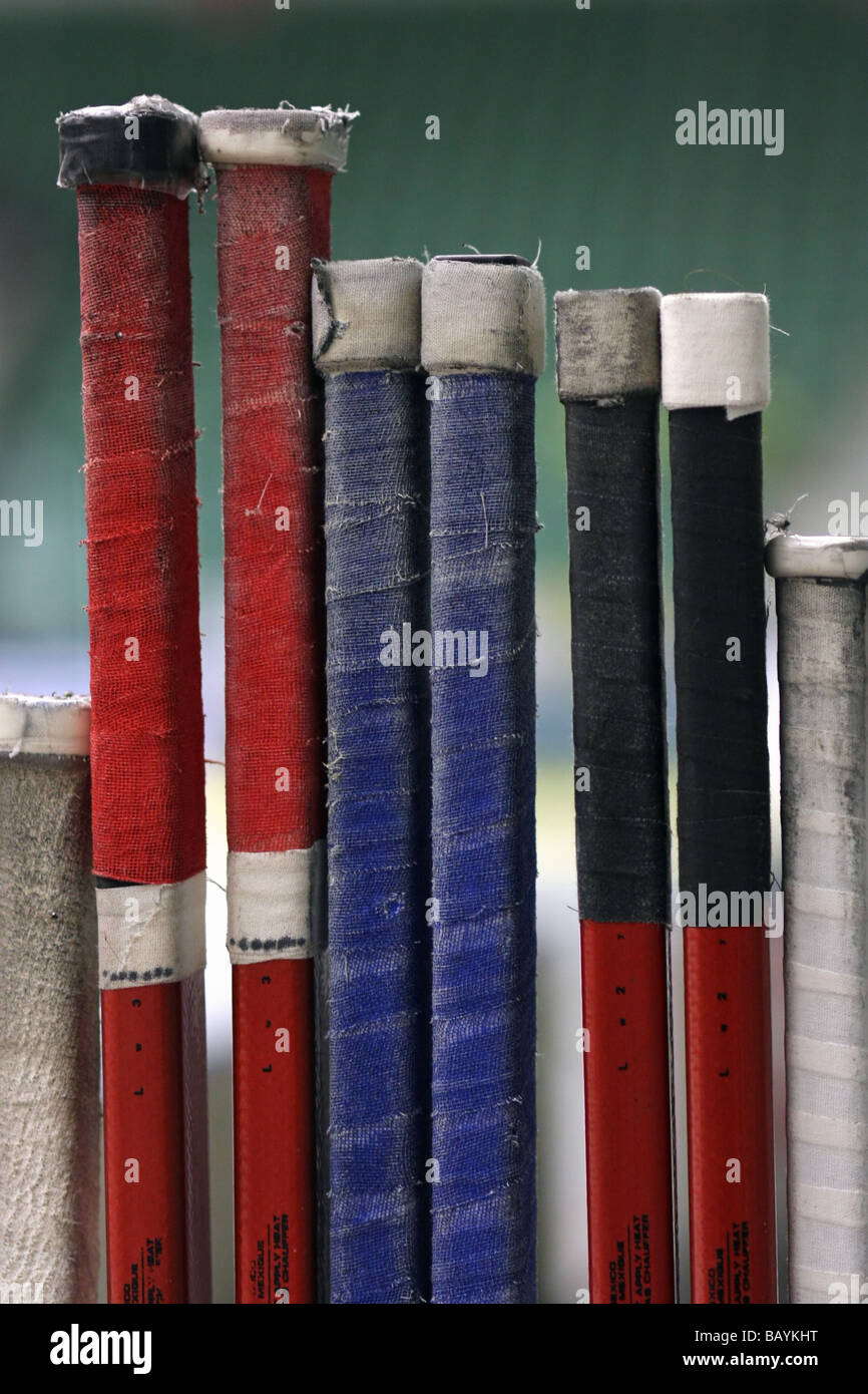 CLose-up of the top ends of ice-hockey sticks Stock Photo