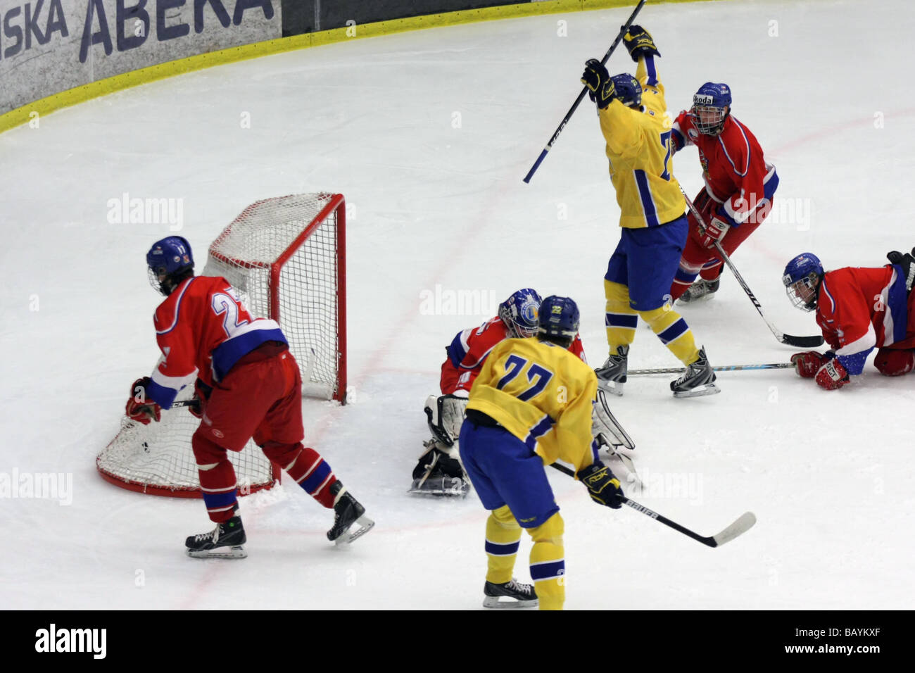 Sweden Celebrating A Goal Against Czech Republic In A U18 Ice Hockey Tournament Stock Photo Alamy