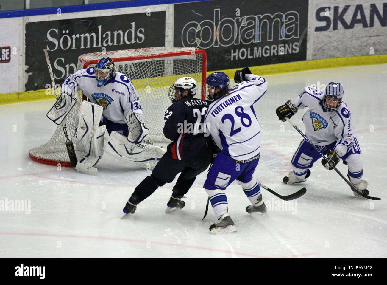U18 Ice Hockey Tournament Usa Finland Goalie No 30 Erno Suomalainen No 22 Chris Mccarthy And No 28 Jaakko Turtiainen Stock Photo Alamy