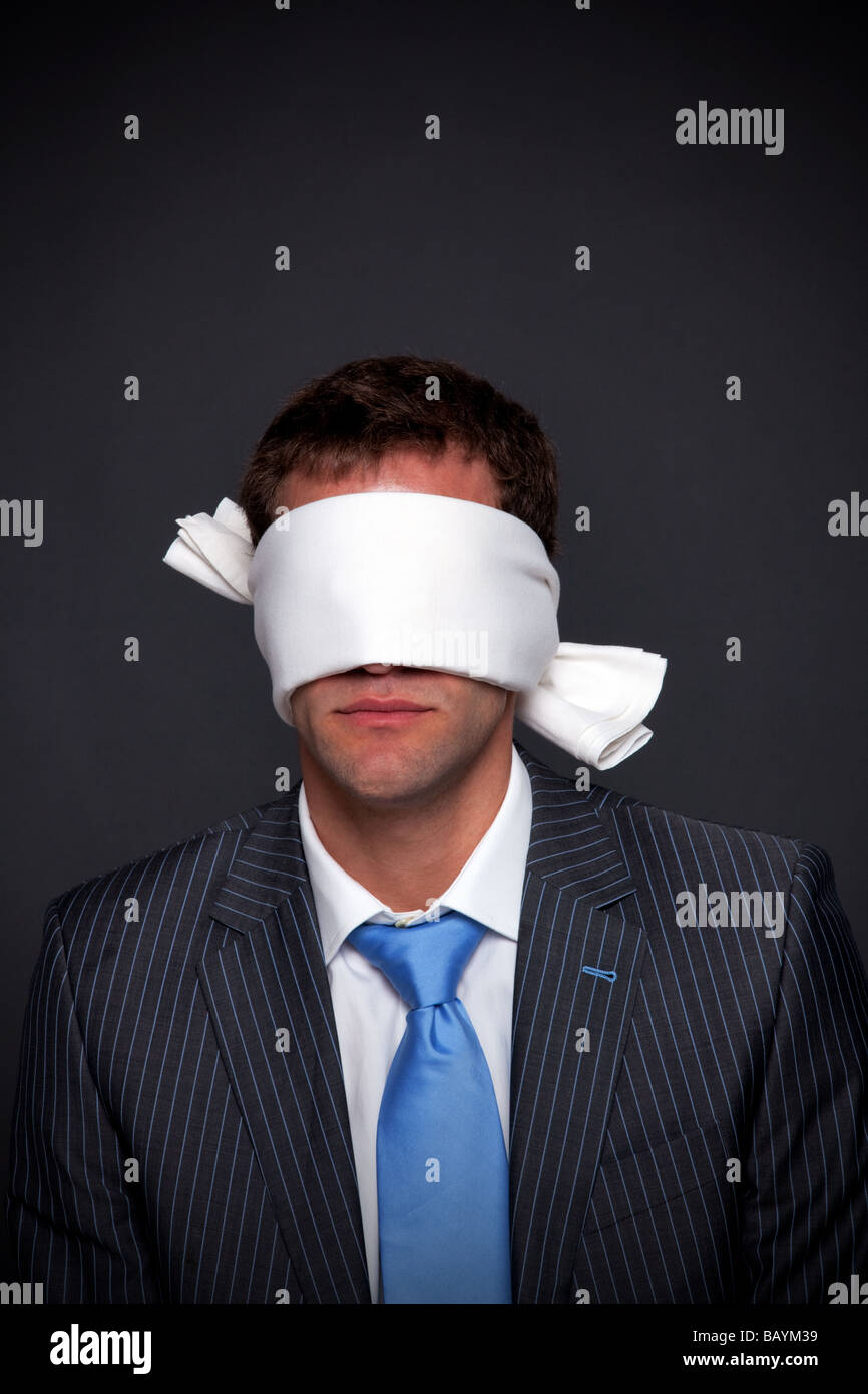 Happy Man Blindfold Person Showing Super Stock Photo 1696869070