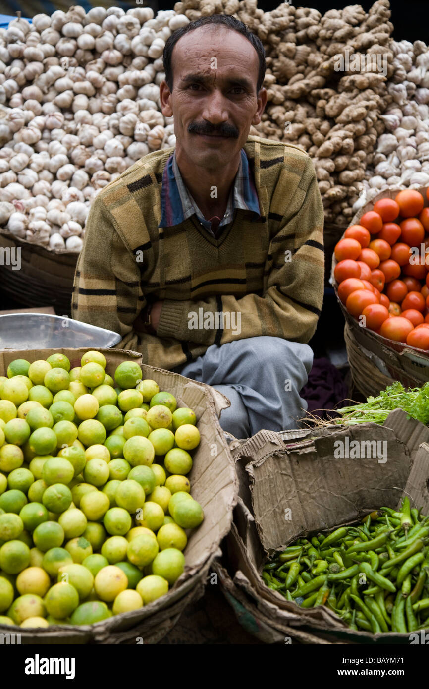 Street seller with his fresh fruit, garlic, and ginger market stall. Shimla. Himachal Pradesh. India. Stock Photo