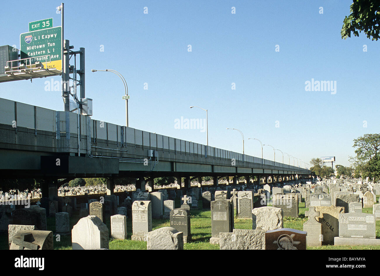 New York, New Calvary Cemetery, Queens, bisected by Brooklyn Queens