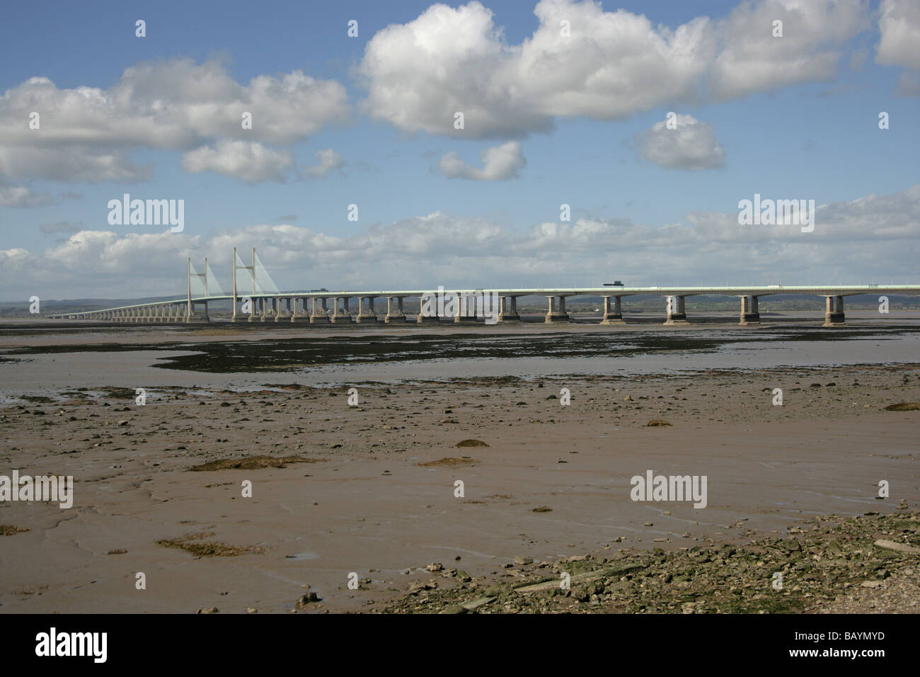 View looking west towards Wales of the M4 Motorway Second Severn Bridge crossing, over the River Severn. Stock Photo