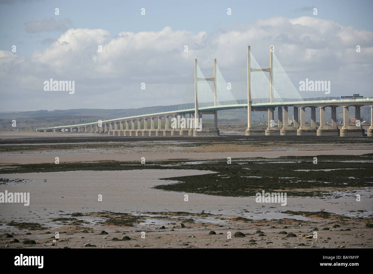 View looking west towards Wales of the M4 Motorway Second Severn Bridge crossing, over the River Severn. Stock Photo