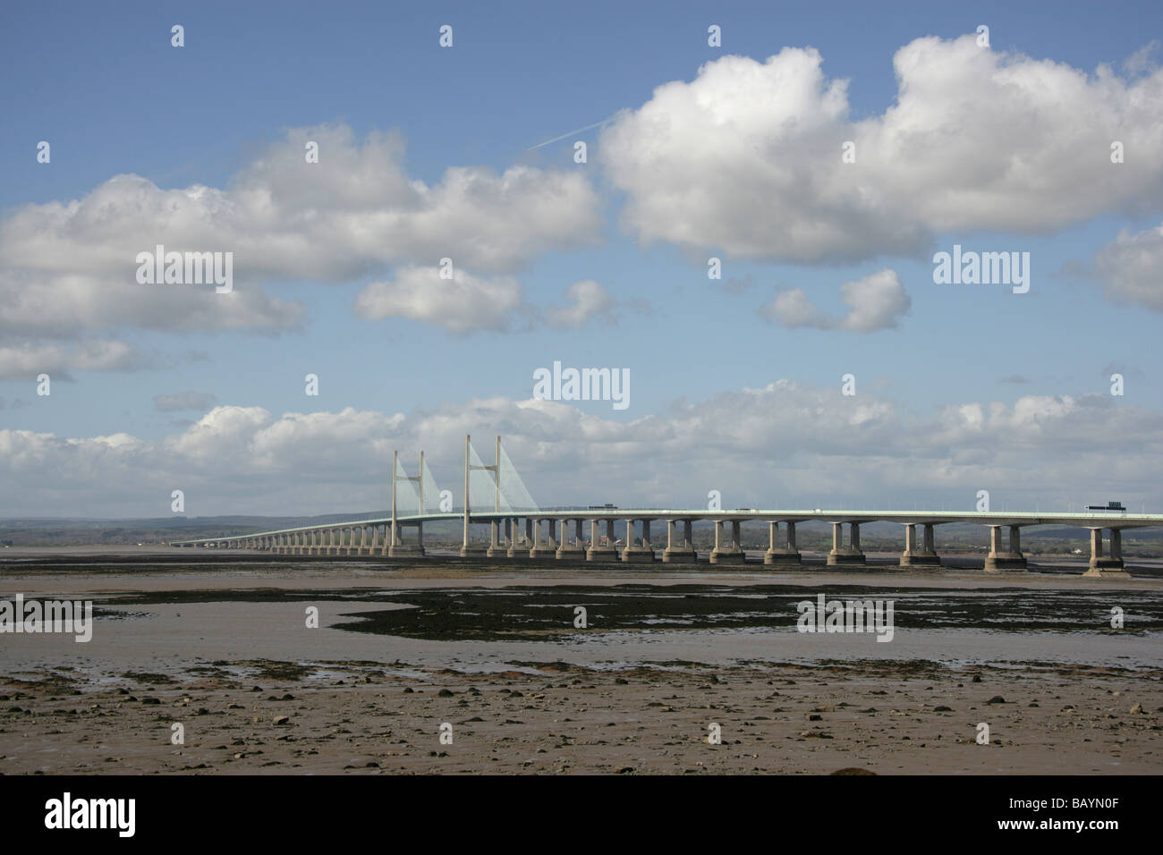 View looking west towards Wales of the M4 Motorway Second Severn Bridge crossing, over the River Severn. Stock Photo