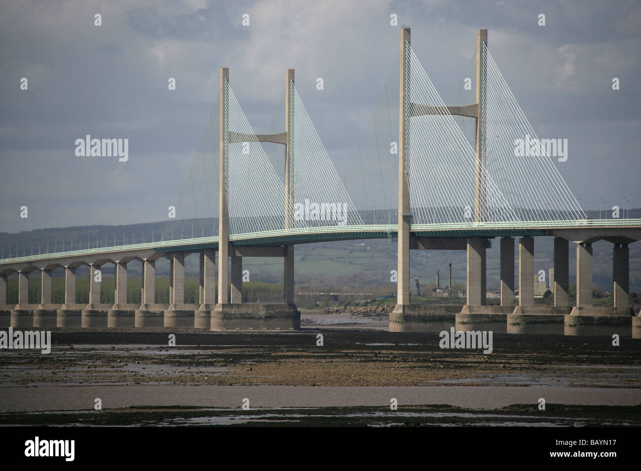 View looking west towards Wales of the M4 Motorway Second Severn Bridge Shoots Towers, over the River Severn. Stock Photo