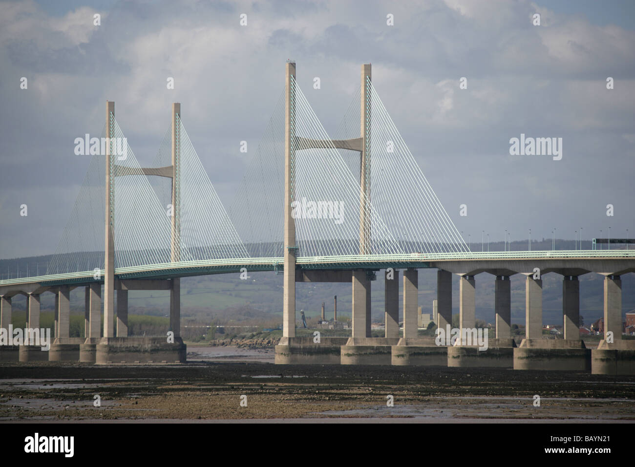 View looking west towards Wales of the M4 Motorway Second Severn Bridge Shoots Towers, over the River Severn. Stock Photo