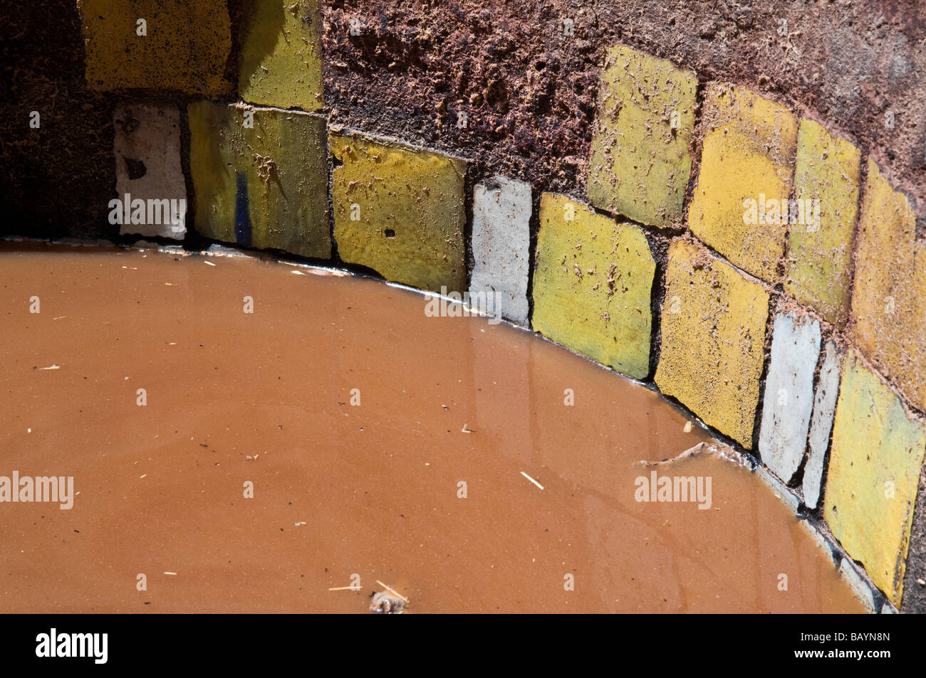 Tiled vat of yellow dye at the Chouara tannery in the medina. The bright yellow colour is produced from saffron. Stock Photo