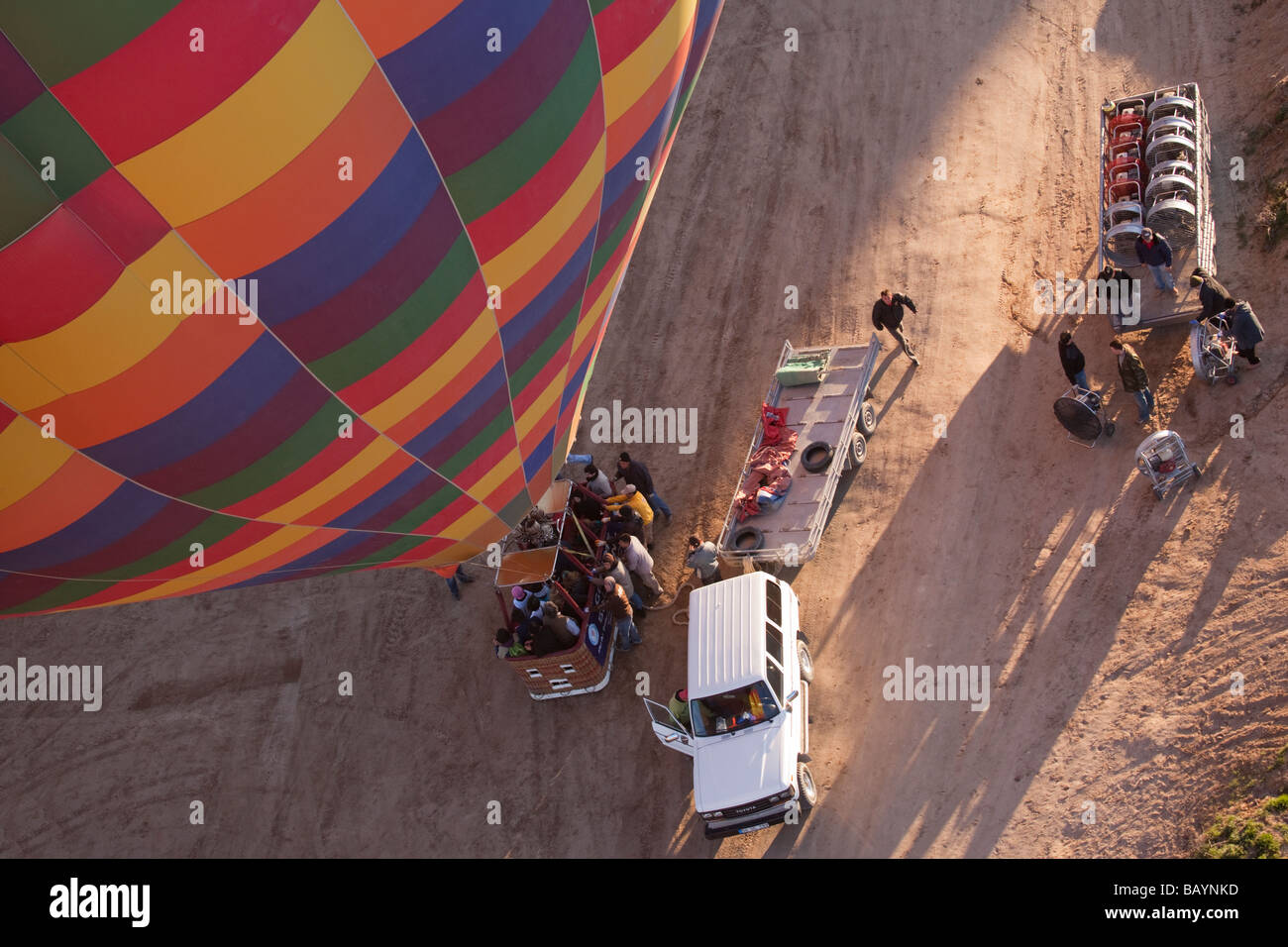 Crew preparing hot air balloon for flight over Cappadocia Turkey Stock Photo