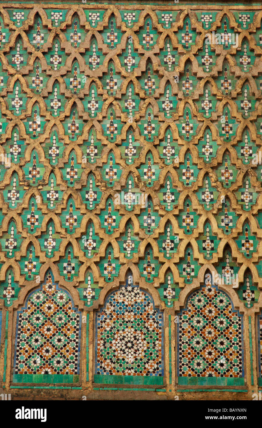 Detail of cheek and shoulder (darj w ktarf) pattern/design on the Bab el Mansour gateway in Meknes, Morocco, North Africa Stock Photo