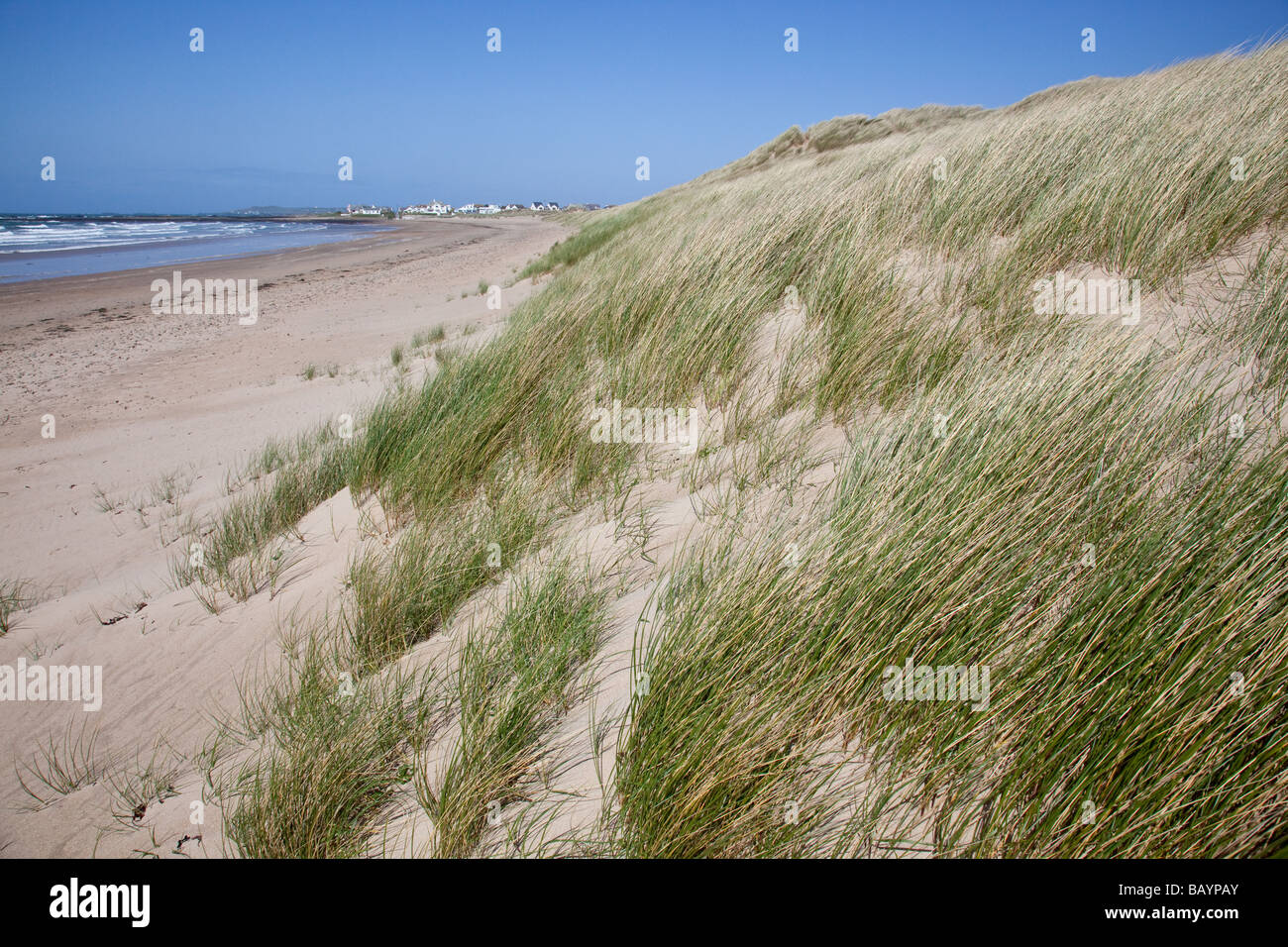 Sand dunes stretching towards Rhosneigr, Anglesey, Wales Stock Photo