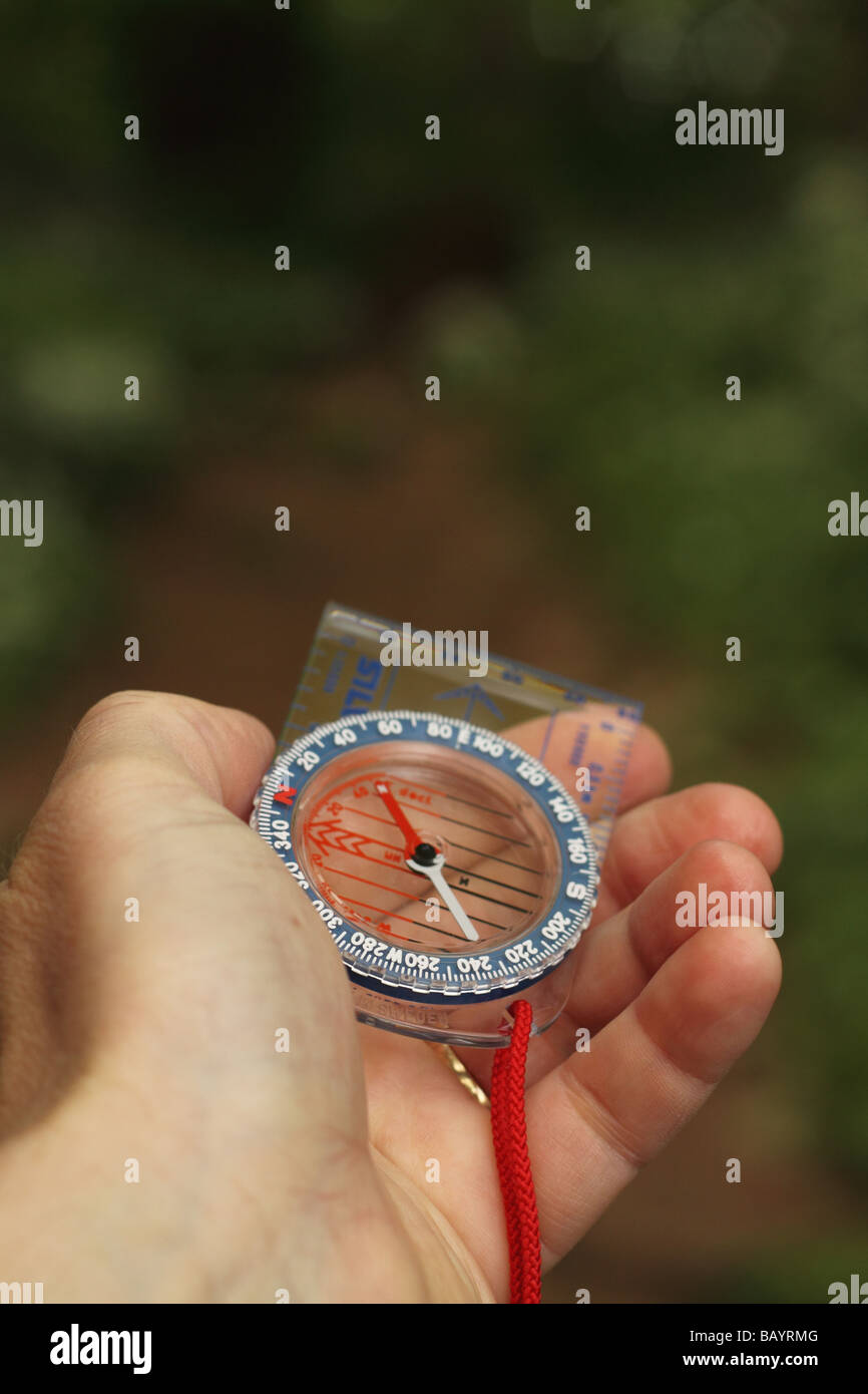Hand holding a compass to find direction bearing and heading in a wood Stock Photo