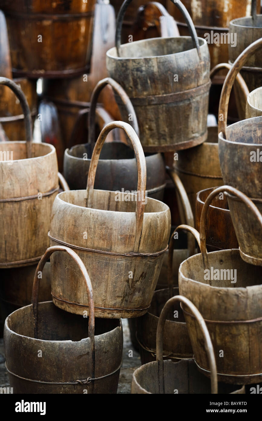 Wooden buckets for sale Stock Photo Alamy