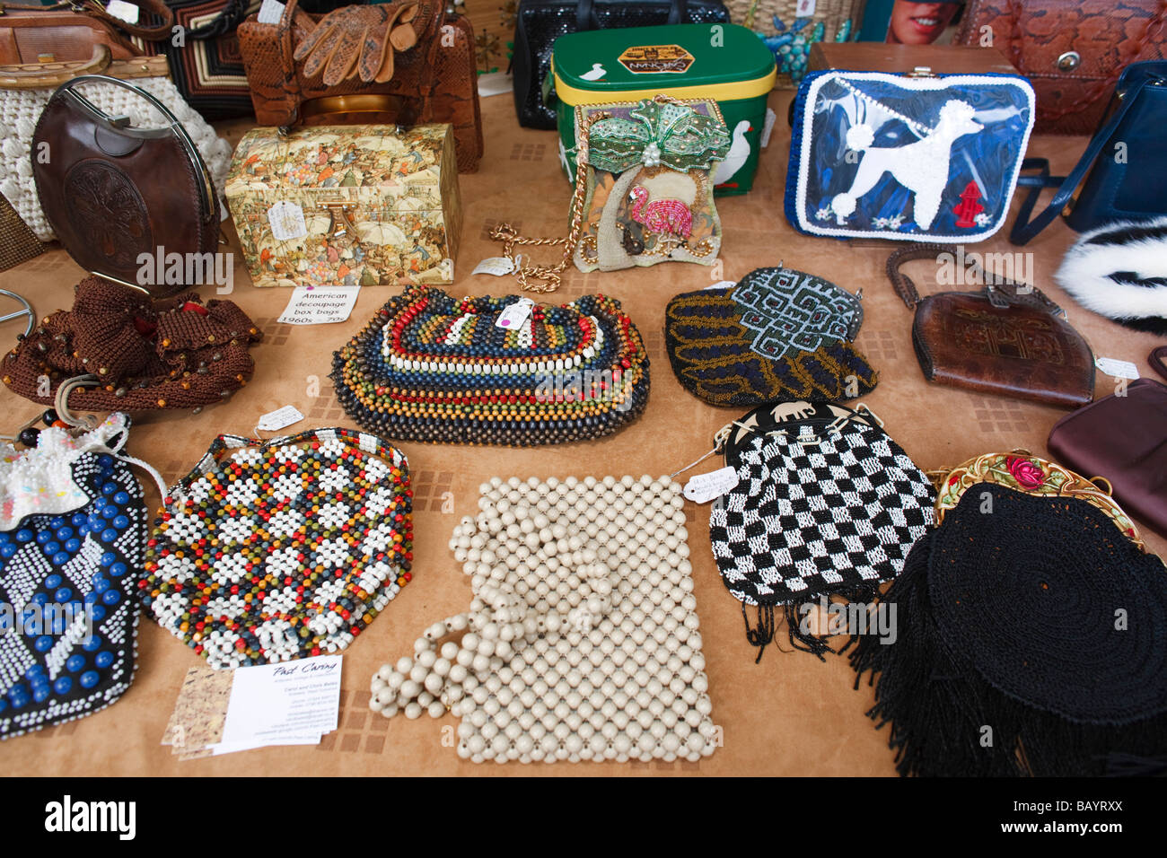 Antique and collectable handbags at Gloucester Antiques & Collectables Fair Stock Photo