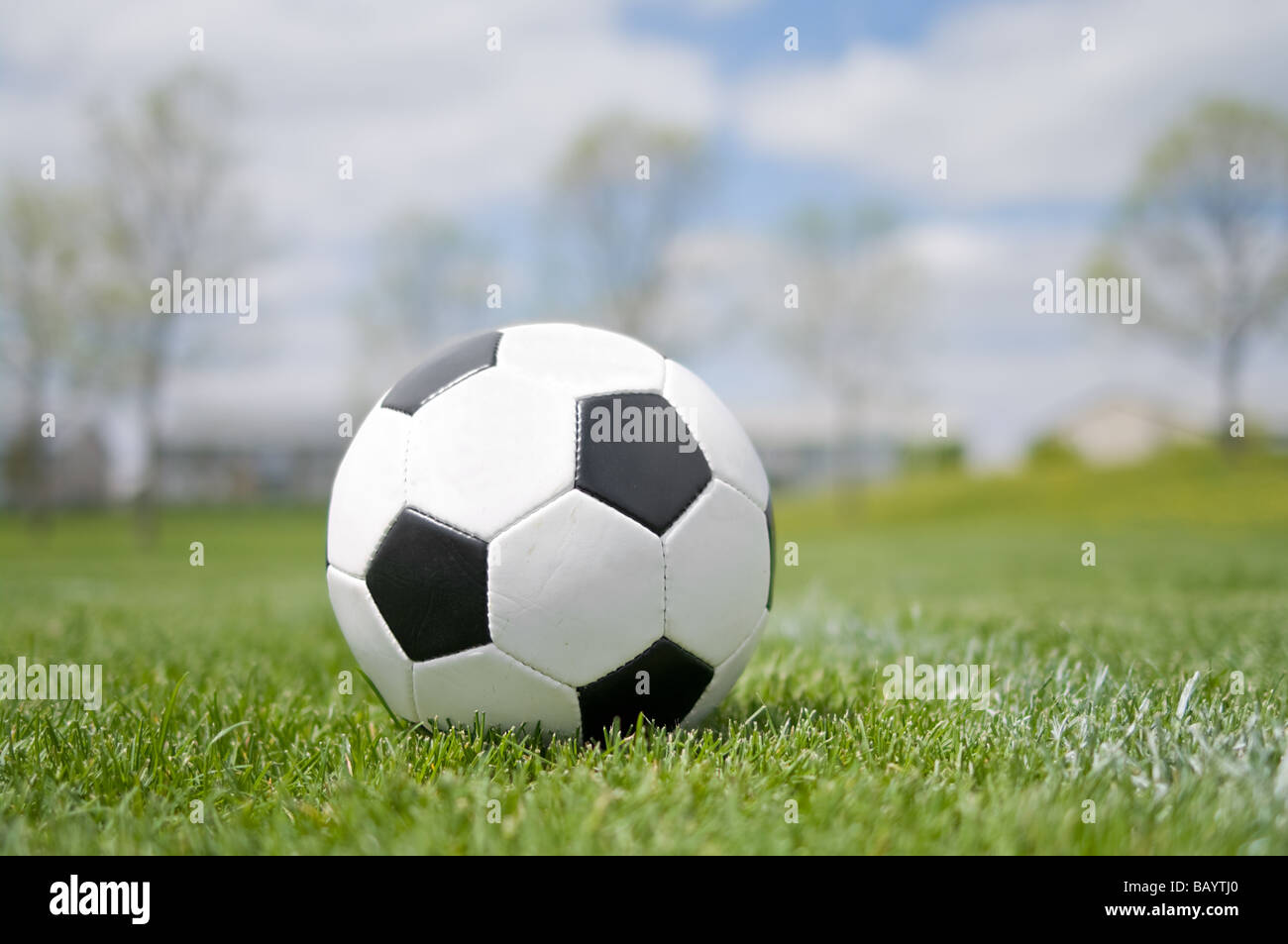 Soccer ball in the grass field Stock Photo