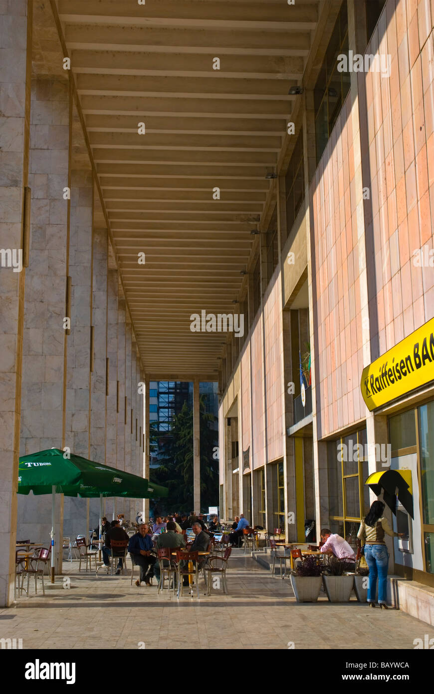 Cafe in front of Palace of Culture at Sheshi Skenderbej square in Tirana Albania Europe Stock Photo