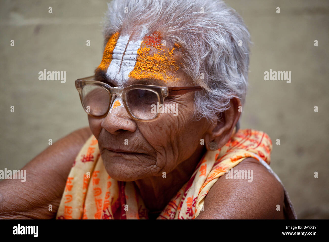 Old Hindu Holy Woman in Varanasi India Stock Photo