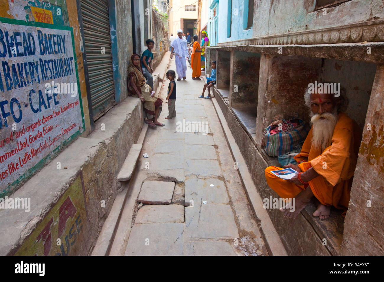 Sadhu Hindu Holy Man an Alley in Varanasi India Stock Photo