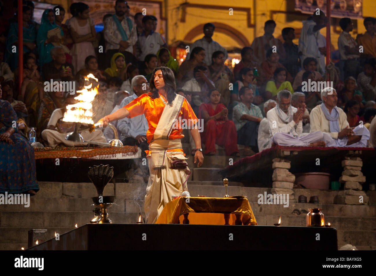 Night Puja on a Ghat in Varnasi India Stock Photo