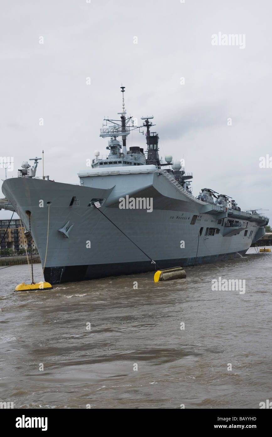 LONDON, ENGLAND - MAY 09: HMS Illustrious, the UK's strike aircraft carrier, moored on the river Thames at Greenwich. Stock Photo