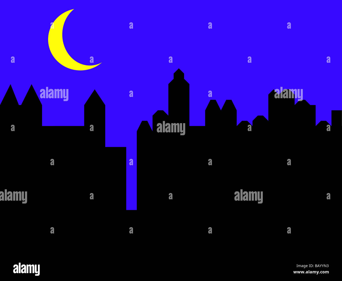 Illustration of moon over city skyline at night Stock Photo