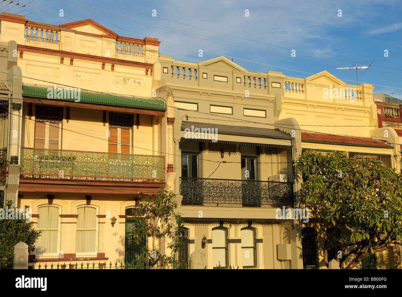 Terrace houses from the Victorian era typical of inner city suburbs of Sydney. These are in the suburb of Redfern. Stock Photo