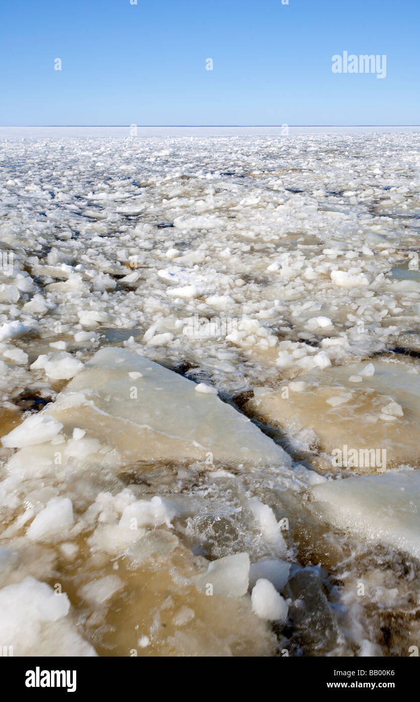 Breaking sea ice at Baltic Sea , traveling to Hailuoto Island at Gulf of Bothnia , Finland Stock Photo