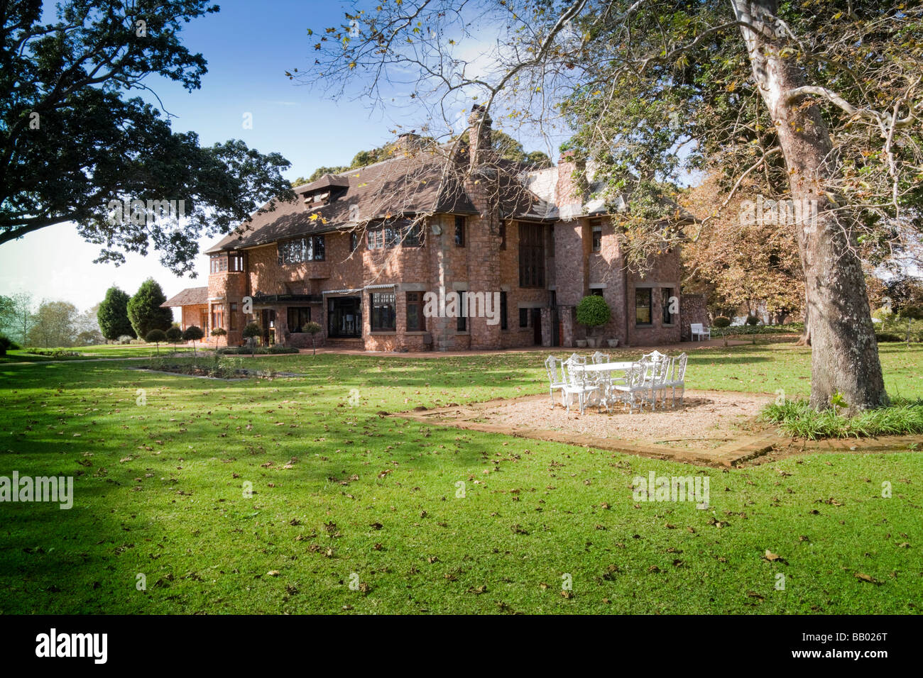 Large 50 year old stone homestead on large estate now converted into a boutique hotel. Durban, KwaZulu Natal, South Africa. Stock Photo