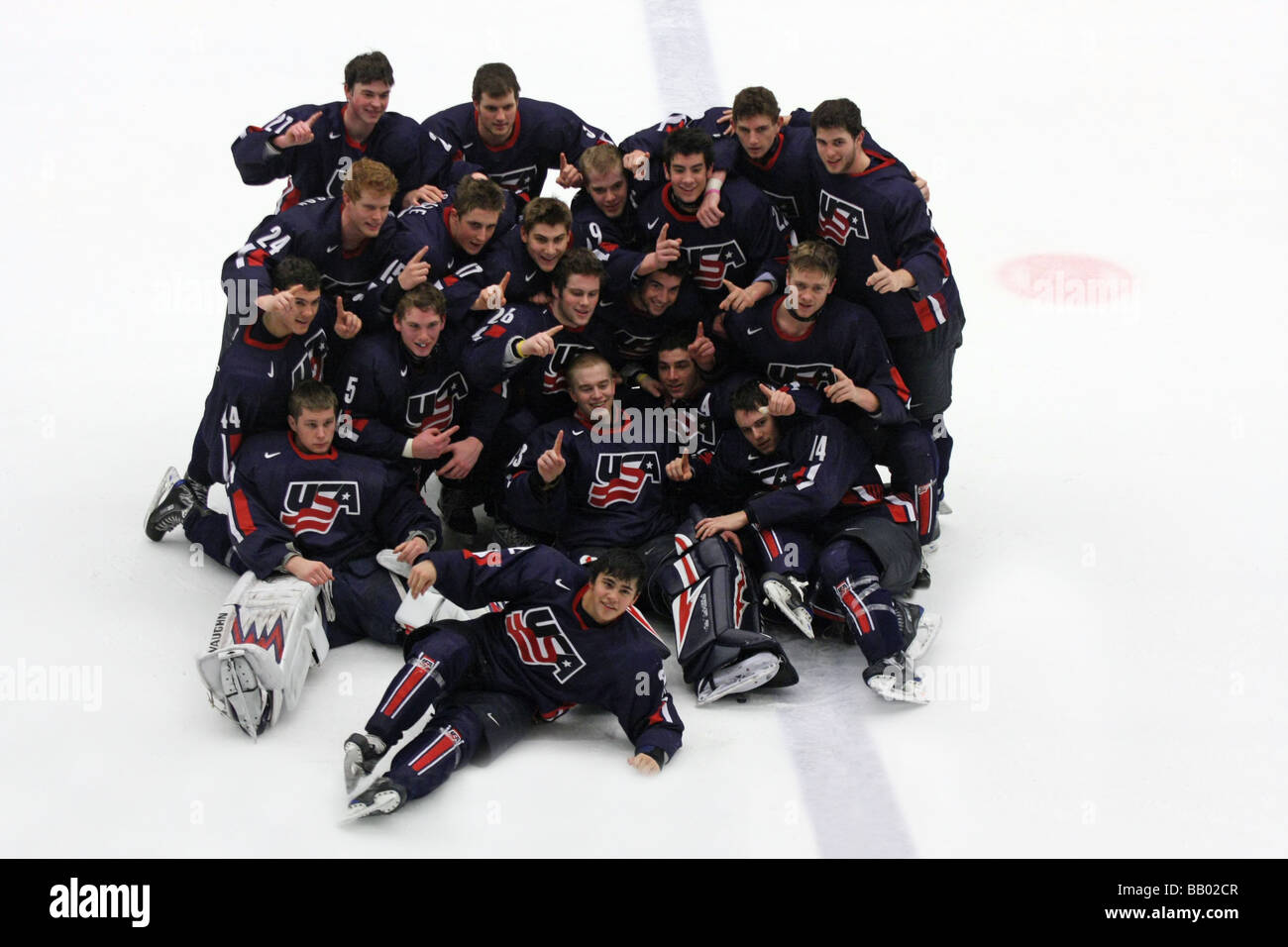 US national U18 ice-hockey team calebrating the victory of the international tournament. Stock Photo