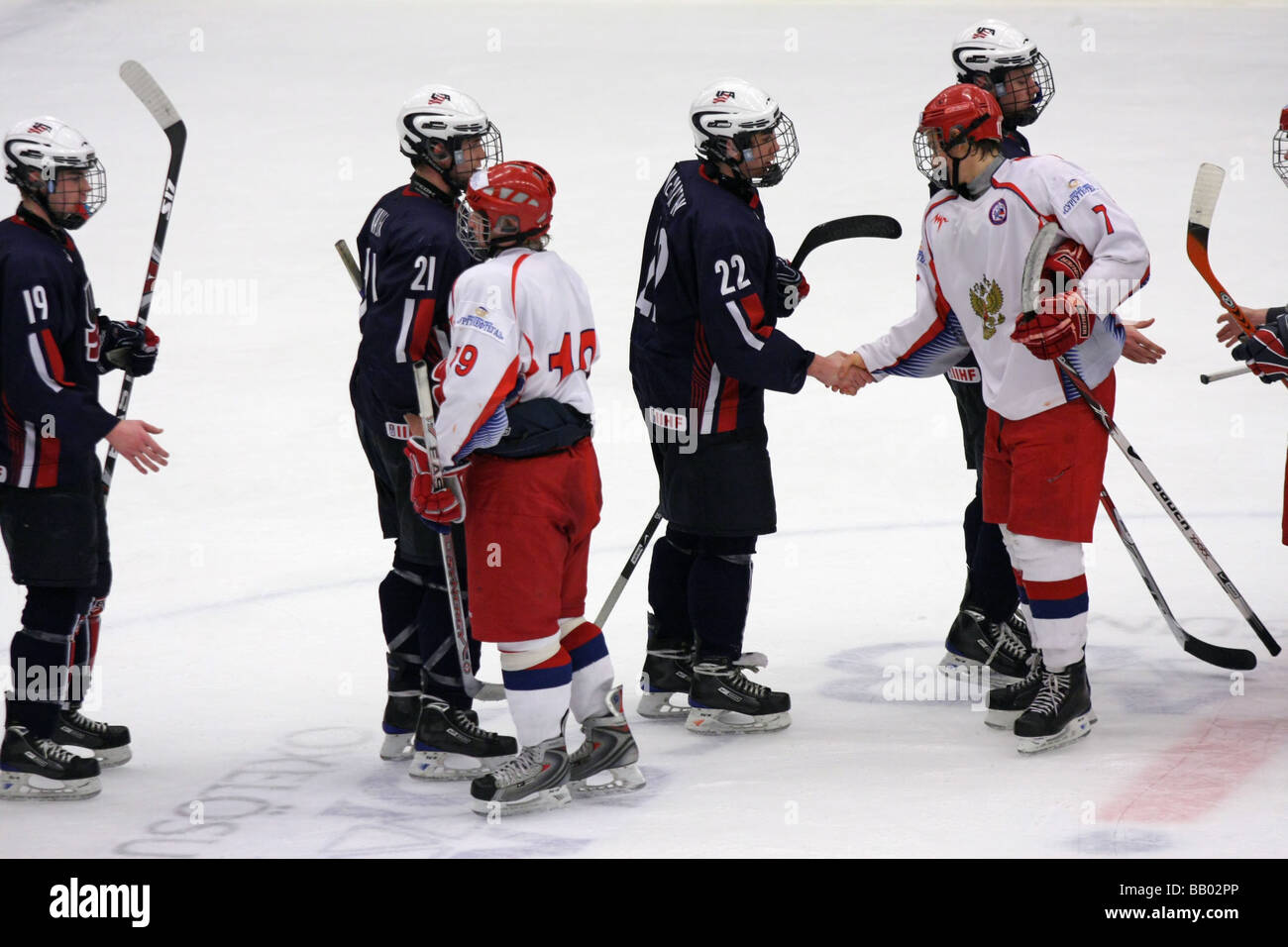 Players Shaking Hands After The Match In A U18 Ice Hockey Game Between Usa And Russia Stock Photo Alamy