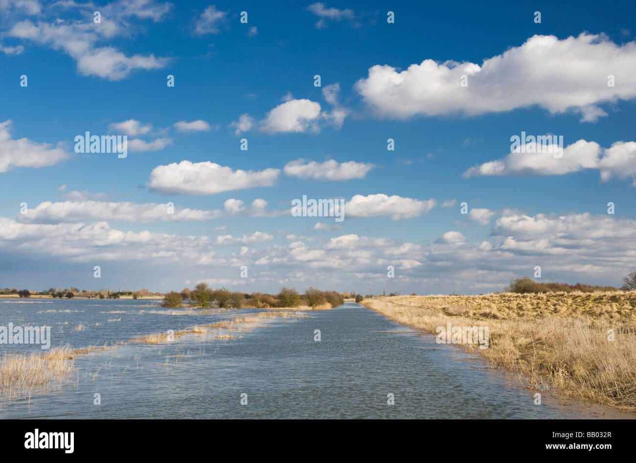 Flooded Nene Washes at Moreton's Leam, a manmade channel of the River