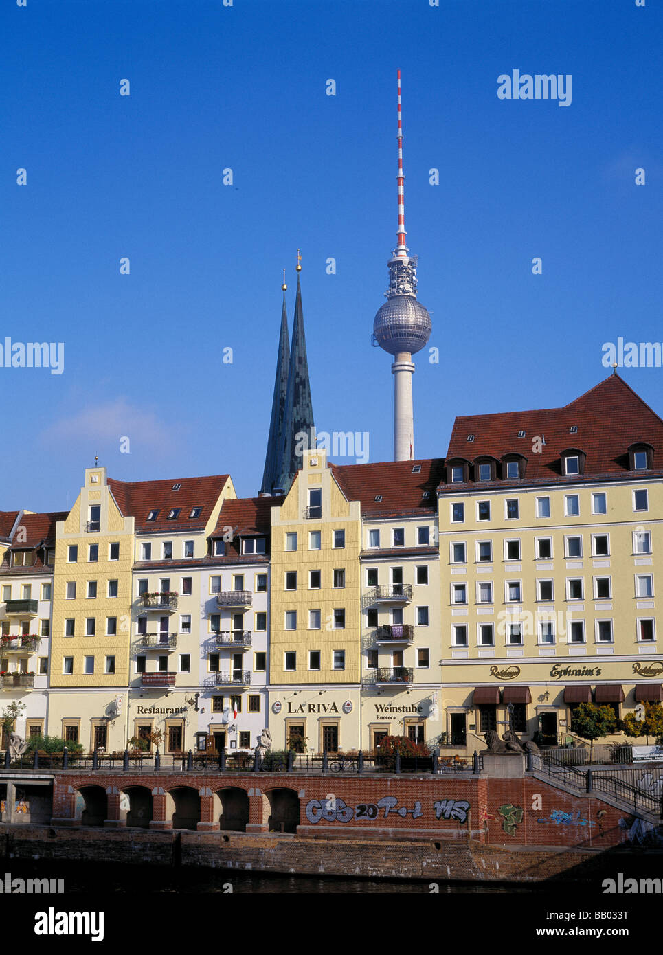 Berlin, Nikolaiviertel & Spree River Stock Photo