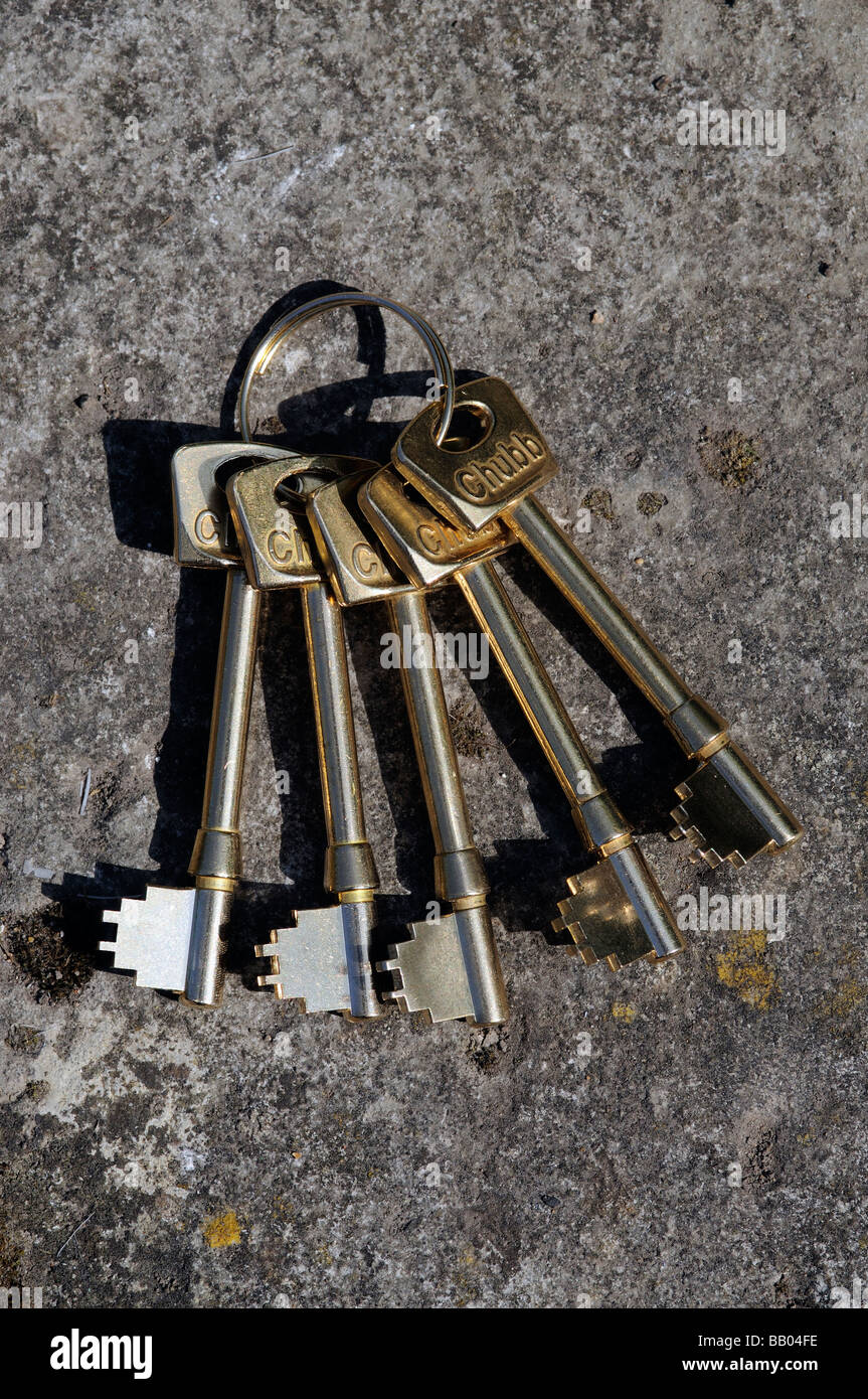 Bunch of brass coloured colored Chubb keys Stock Photo Alamy