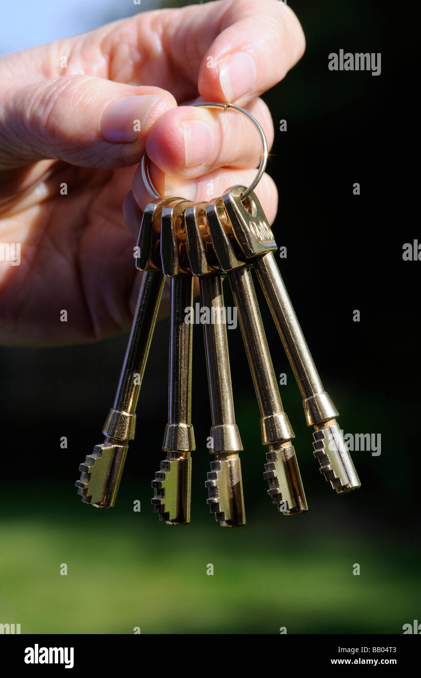Bunch of brass coloured colored Chubb keys Stock Photo Alamy