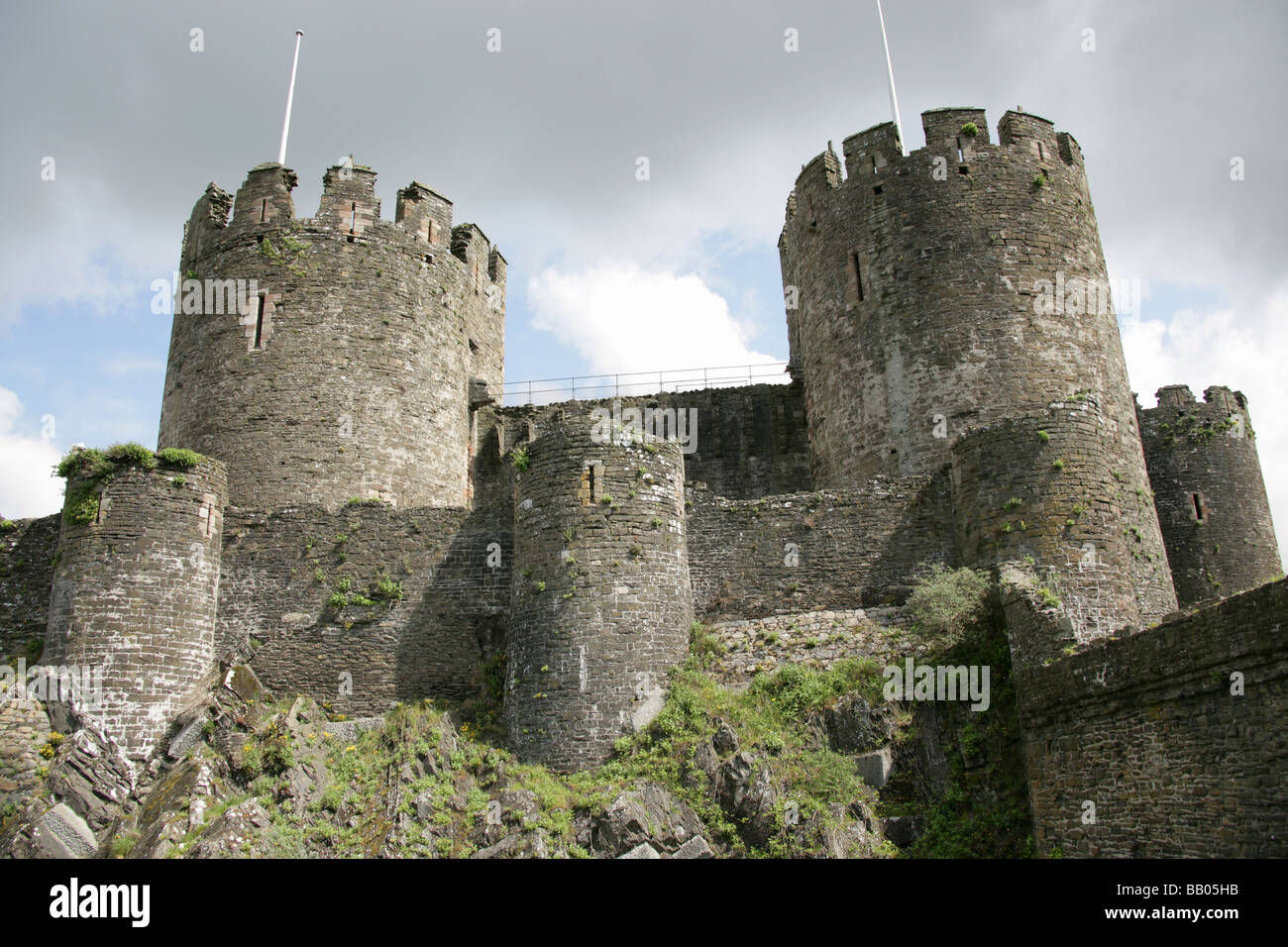 Town of Conwy, Wales. West elevation view of Conwy Castle walls and promontory. Stock Photo
