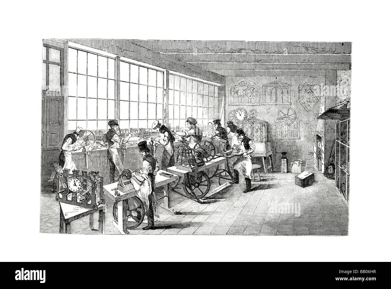 the turret clock shop industrial work force workers machinery machines industry people traditional clothing period dress Stock Photo